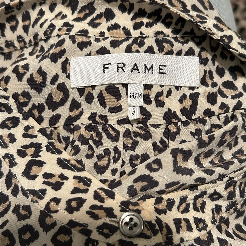 FRAME Leopard Caramel Multi Shirred Button up Medium M Top Shirt Blouse - Picture 8 of 10